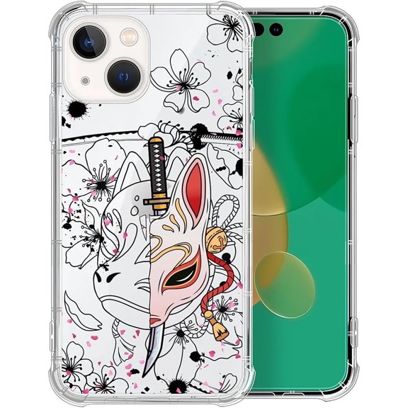 Case for iPhone 14 Plus, Crystal Clear Shockproof Cover with 4-Corner Airbag Technology, Military-Grade Protection Compatible with iPhone 14 Plus Case - Japanese Fox Mask