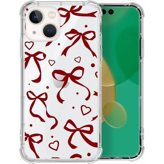 Case for iPhone 14 Plus Design On Clear Base, Slim Protective Soft TPU Bumper, Anti-Drop Phone Cover Case for Women Girls Case for iPhone 14 Plus - Cute Girl Bow Heart Red