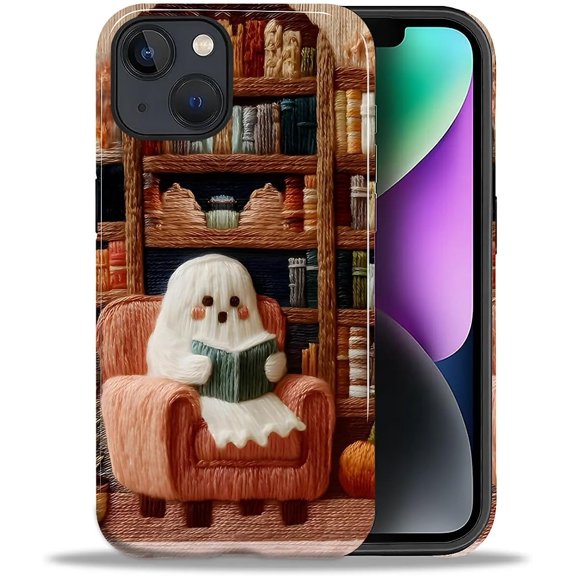 Case for iPhone 14 Plus, Durable Drop Protection Shockproof Silicone Hard PC 2 in 1 Hybrid Protective Cover with Stylish Pattern Design Cute Halloween Ghost Reader