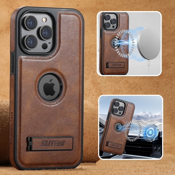 Case for iPhone 14 Plus, Durable Protective Cover with Built-in Kickstand Support Magnetic Car Mount Compatible with MagSafe Charging Luxury PU Leather Cover for iPhone 14 Plus, Brown