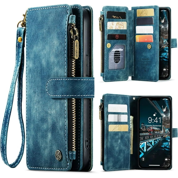 Case for iPhone 14 Plus, Flip Leather Wallet Case with 10 Card Slot Holder Zipper Pocket Kickstand Magnetic Closure Shockproof Flip Folio Cover for iPhone 14 Plus 5G 6.7 inch 2022 (Teal)