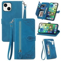 Case for iPhone 14 Plus,Magnetic Leather Wallet Card Pocket Zipper Case Kickstand Cover with Wrist Strap for iPhone 14 Plus 6.7inch,Blue,For iPhone 14 Plus
