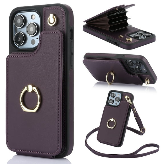Case for iPhone 14 Plus Wallet Phone Case with Ring Stand & Adjustable Crossbody Strap, Stylish Multi-Funtional Accordion Style Flip Case with Card Slots for Women Girls, Purple