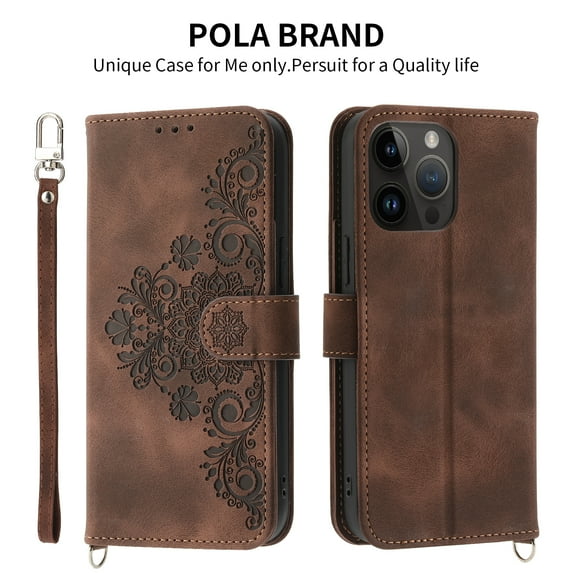 Case for iPhone 14, Premium PU Leather Magnetic Flip Wallet Case with Card Holder Cash Slot Wrist Lanyard Kickstand Function Embossed Flower Pattern Shockproof Cover,Brown