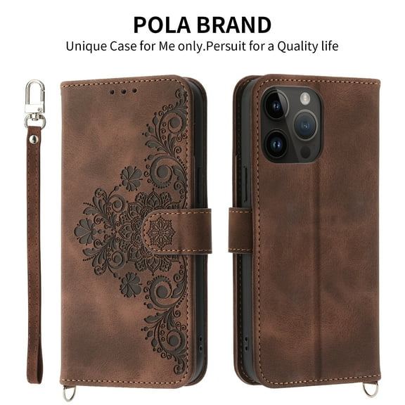 Case for iPhone 14, Premium PU Leather Magnetic Flip Wallet Case with Card Holder Cash Slot Wrist Lanyard Kickstand Function Embossed Flower Pattern Shockproof Cover,Brown