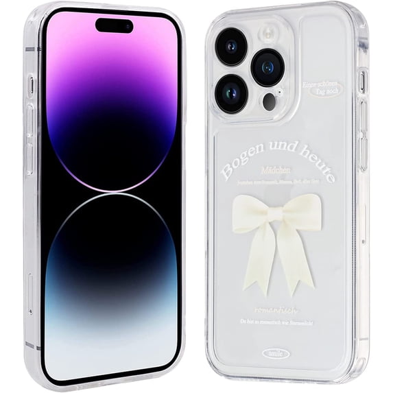 Case for iPhone 14 Pro 2022 (6.1 Inch), TPU Case Full Body Cover for Women Girls, Cute Slim Phone Case for iPhone 14 Pro, Anti-Scratch, White Ribbon Bow