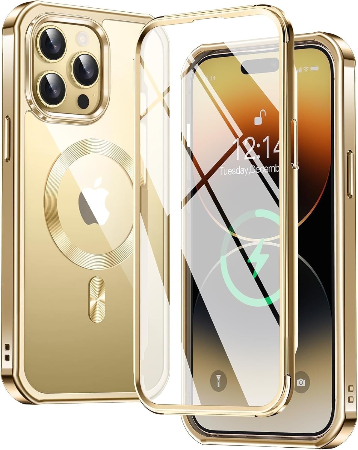JETeacka iPhone 14 Pro Case(6.1") MagSafe Compatible Full Body Rugged Built-in Touch Sensitive Screen Protector Anti-Scratch Clear Case, Luxury Gold