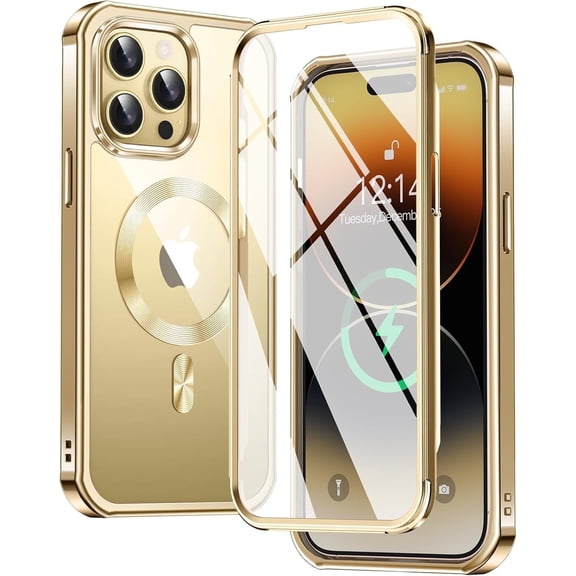 JETeacka iPhone 14 Pro Case(6.1") Full Body Rugged Built-in Touch Sensitive Screen Protector Anti-Scratch Clear Case, Luxury Gold