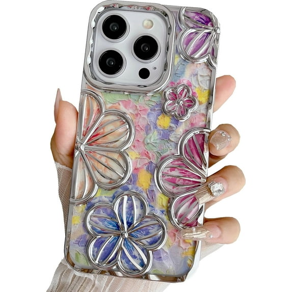 Case for iPhone 14 Pro Case 3D Flower Retro Floral Clear Soft TPU Stylish Cute Colorful Shockproof Women Girls Protective Case for iPhone 14 Pro,Silver