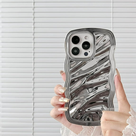 Case for iPhone 14 Pro,3D Wave Water Ripple Pattern Electroplate Plating Curly Wavy Frame Glitter Case,for iPhone 14 Pro Phone Case 6.1 Inch,Shiny Silver
