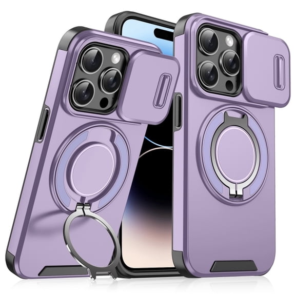 Case for iPhone 14 Pro 6.1-inch, Built In Slide Camera Cover & Rotatable Kickstand Sliding Ring Heavy Duty ShockProof Protective Case for iPhone 14 Pro,Purple,For iPhone 14 Pro