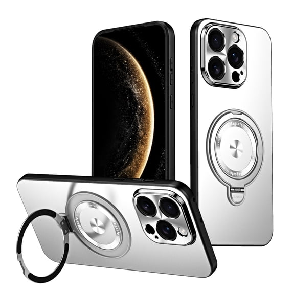 Case for iPhone 14 Pro, CD Texture Camera Lens Protection, Compatible with Magsafe, Adjustable Ring Kickstand, Drop Protective Shockproof Lightweight Anti-Fingerprint Phone Case Cover, Silver