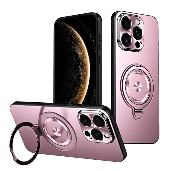 Case for iPhone 14 Pro, CD Texture Camera Lens Protection, Compatible with Magsafe, Adjustable Ring Kickstand, Drop Protective Shockproof Lightweight Anti-Fingerprint Phone Case Cover, Pink