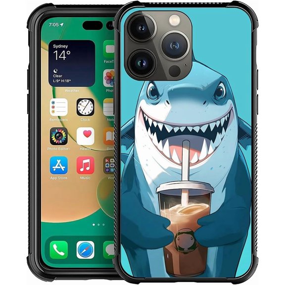Case for iPhone 14 Pro Case, Cartoon Shark Drink Coffee Pattern Graphic Design Girl Boy Soft Silicone Hard Acrylic Shock Protection Case for iPhone 14 Pro