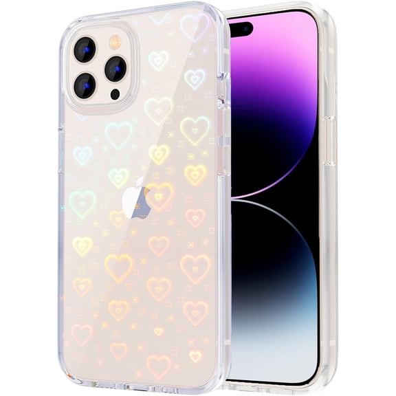 Case for iPhone 14 Pro Case, Clear Glitter Cute Laser Holographic Love Heart Pattern for Women Girls, Anti-Yellow Hard PC Protective Phone Cover for iPhone 14 Pro 6.1 inch, Rainbow Heart