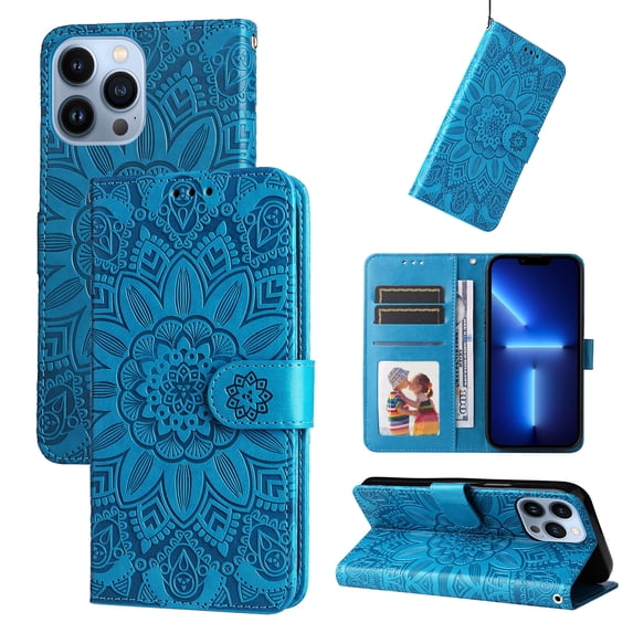 Case for iPhone 14 Pro, Case Sunflower Embossed PU Leather Flip Cover Wallet Case with Cards Slot Holder Kickstand with Strap Protective Cover for Apple iPhone 14 Pro, Blue