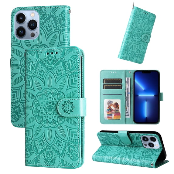 Case for iPhone 14 Pro, Case Sunflower Embossed PU Leather Flip Cover Wallet Case with Cards Slot Holder Kickstand with Strap Protective Cover for Apple iPhone 14 Pro, Green