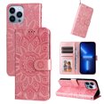 thumbnail image 1 of Case for iPhone 14 Pro, Case Sunflower Embossed PU Leather Flip Cover Wallet Case with Cards Slot Holder Kickstand with Strap Protective Cover for Apple iPhone 14 Pro, Rosegold, 1 of 12