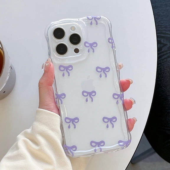 Case for iPhone 14 Pro, Clear Cute Ribbon Bowknot Pattern Aesthetic Transparent Bow Phone Case Curly Wave Edge Case Stylish Slim Soft Durable TPU Protective Cover for Women Girls - Purple