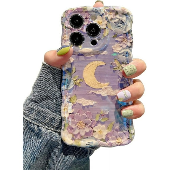 Case for iPhone 14 Pro, Colorful Retro Oil Painting Flower Leaves Moon Cloud Pattern Laser Cute Curly Wave Edge Exquisite Phone Cover Stylish Durable TPU Protective Case for Women - Purple#3