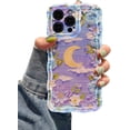 thumbnail image 1 of Case for iPhone 14 Pro, Colorful Retro Oil Painting Flower Moon Pattern Laser Cute Curly Wave Edge Exquisite Phone Cover Stylish Durable TPU Protective Case for Girls Women - Purple White, 1 of 12