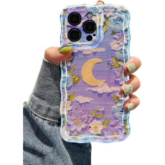 Case for iPhone 14 Pro, Colorful Retro Oil Painting Flower Moon Pattern Laser Cute Curly Wave Edge Exquisite Phone Cover Stylish Durable TPU Protective Case for Girls Women - Purple White