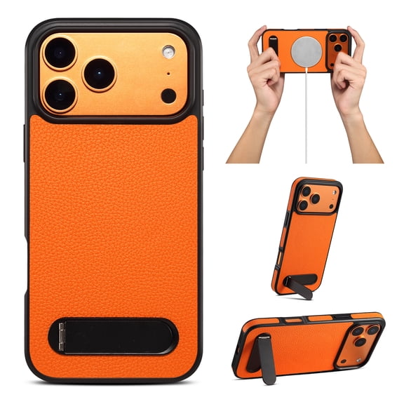 Case for iPhone 14 Pro, Compatible with MagSafe, Lychee Texture PU Leather Ultra Slim Drop Protective Lightweight Anti-Scratch Shockproof Stylish Phone Cover, Built-In Hidden Bracket, Orange