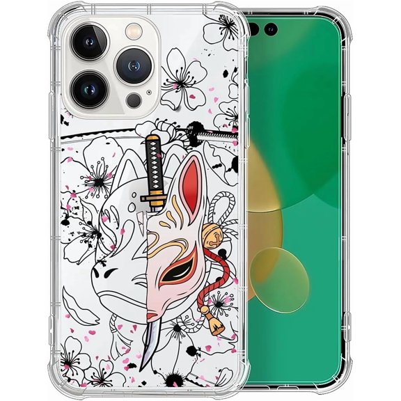 Case for iPhone 14 Pro, Crystal Clear Shockproof Cover with 4-Corner Airbag Technology, Military-Grade Protection Compatible with iPhone 14 Pro Case - Japanese Fox Mask