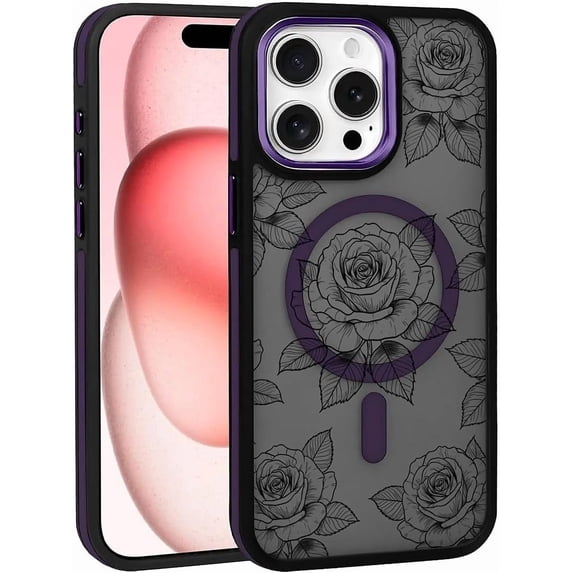 Case for iPhone 14 Pro Design On Matte Black Base, Compatible with MagSafe, Slim Protective Soft TPU Bumper, Magnetic Case for Women Girls Case for iPhone 14 Pro-Black Flower Floral Purple