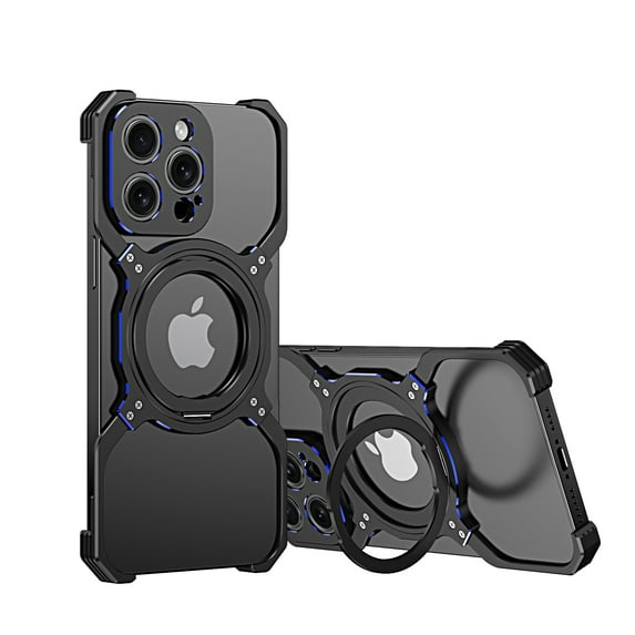 Case for iPhone 14 Pro Frameless, with Magnetic Kickstand 360° Rotatable, Bezel Less Metal Slim Hard Ultra Thin for iPhone 14 Pro Case with Ring Holder Magnetic Stand for Men, Black+Blue