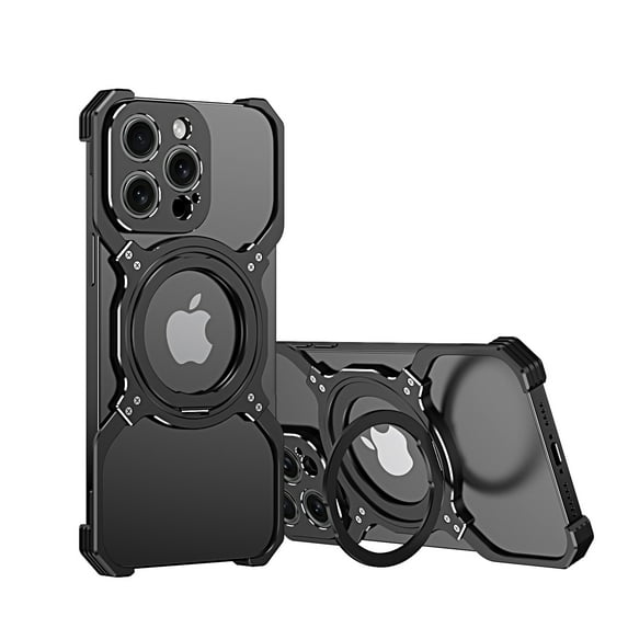 Case for iPhone 14 Pro Frameless, with Magnetic Kickstand 360° Rotatable, Bezel Less Metal Slim Hard Ultra Thin for iPhone 14 Pro Case with Ring Holder Magnetic Stand for Men, Black+Silver