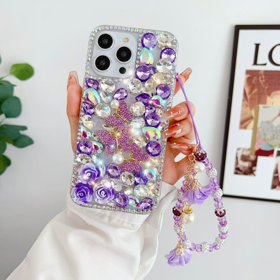 Case for iPhone 14 Pro, Glitter Case for Women Girls 3D Glitter Sparkle Bling Case Luxury Shiny Crystal Rhinestone Diamond Bumper Clear Gems Cute Wrist Strap Case Cover - Purple