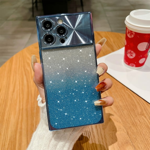 Case for iPhone 14 Pro Gradient Glitter Bling Case, Luxury Plating Shining Paper Clear Phone Case for Women Girls, Soft TPU Silicone Gel Rubber Shockproof CD Pattern Protection Cover, Blue