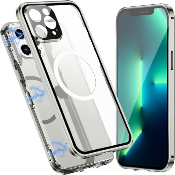 Case for iPhone 14 Pro Magnetic Clear Case Support Wireless Charging, MagSafe Compatible Hard Shell Case with Lens Protector, Shockproof Metal Frame Cover for iPhone 14 Pro, Silver
