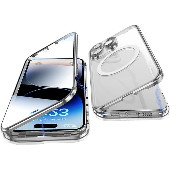 Case for iPhone 14 Pro Max,  360 Degree Double-sided Protection Compatible with Magsafe Magnetic Adsorption Metal Bumper Front Tempered Glass Back Frosted PC Cover for 14 Pro Max 6.7" (Silver)