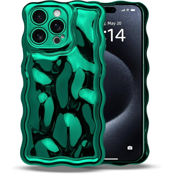 Case for iPhone 14 Pro Max - 3D Meteorite Bubble Pattern, Electroplated Glitter Curly Wavy Frame, Soft TPU Shockproof Glossy Cover (iPhone 14 Pro Max, Green)