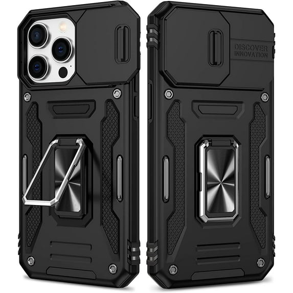 Case for iPhone 14 Pro Max 5G 2022, Slide Camera Cover & Magnetic 360°Rotatable Ring Kickstand Military Grade Heavy Duty Protection Shockproof Armor Case for iPhone 14 Pro Max 6.7 Inch - Black