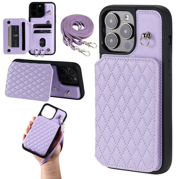 Case for iPhone 14 Pro Max 6.7", Detachable Crossbody Strap Wallet Case with Card Slots, Stand Ring Flip PU Leather Protective Cover Lanyard for Women for iPhone 14 Pro Max, Purple