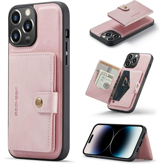 Case for iPhone 14 Pro Max 6.7 inch 2022, Detachable Magnetic Wallet Credit Card Cash Slot Case Cover Support Wireless Charging Functional Kickstand Compatible with iPhone 14 Pro Max 2022 (Pink)