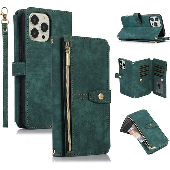 Case for iPhone 14 Pro Max 6.7 inch, 9 Card Slots Retro Leather Wallet Shockproof Flip Cover with Hand Strap Card Slots Zipper Pocket Kickstand Handbag Magnetic Closure - Retro Green