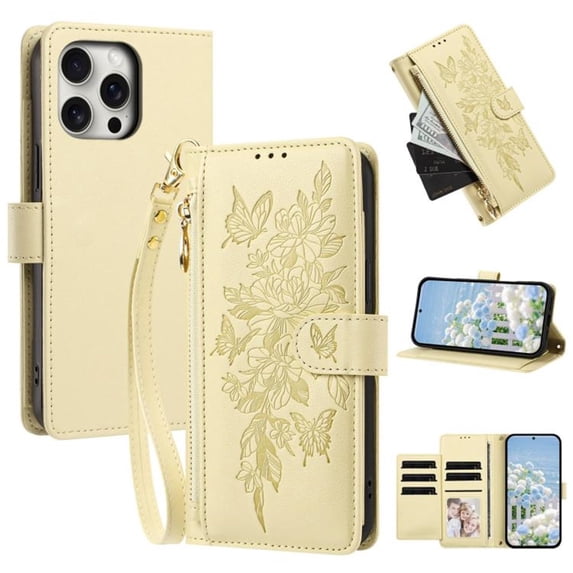 Case For iPhone 14 Pro Max Butterfly Flower Multi-card Holder Zipper Wallet With Lanyard Magnetic Clasp Flip Stand Leather Phone Case,Yellow,For iPhone 14 Pro Max