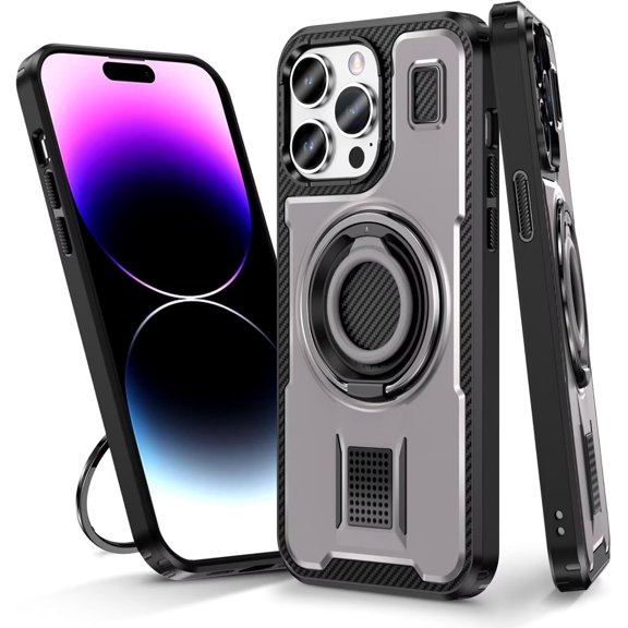 Case for iPhone 14 Pro Max,Carbon Fibre Dissipate Heat TPU+PC [Built-in Rotatable Magnetic Kickstand] Heavy Duty Drop Protection Shockproof Phone Case for iPhone 14 Pro Max,6.7 inch 2022 (Gray)