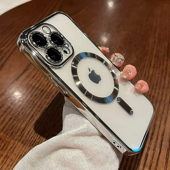 Case for iPhone 14 Pro Max Case [Compatible with MagSafe] Camera Lens Protector Plating Luxury Cover for Women Men Clear Soft TPU Shockproof Protective Phone Case - Silver