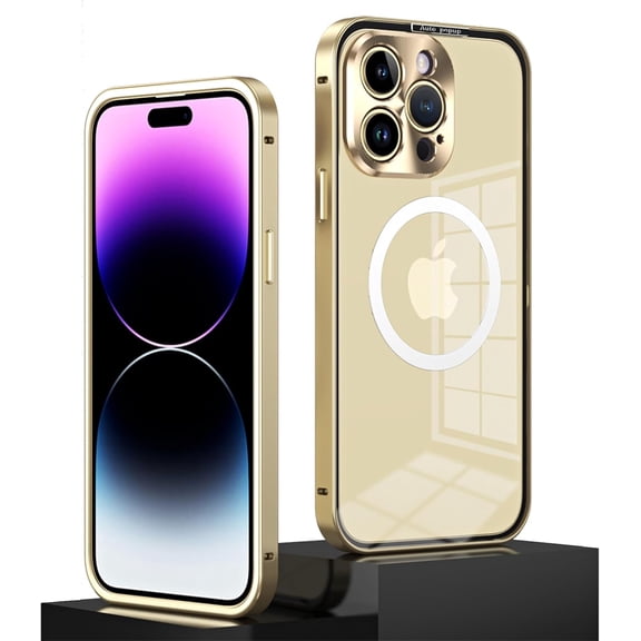 Case for iPhone 14 Pro Max Case Compatible with MagSafe Ultra Slim Clear PC Back Metal Frame Bumper Scratch Resistant Safety Lock Shockproof Magnet Case, Gold