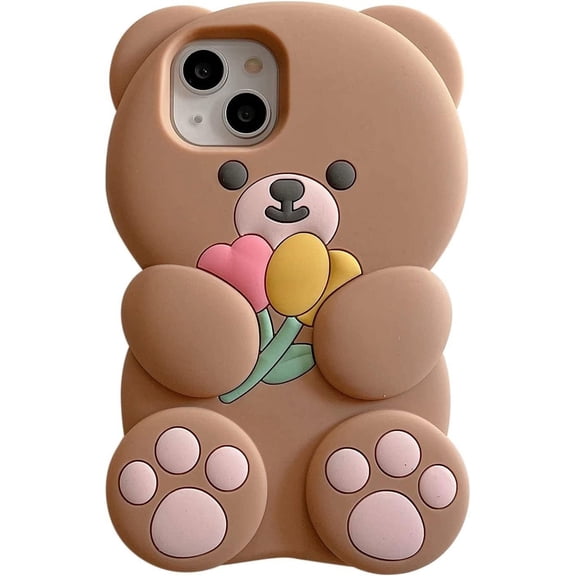 Case for iPhone 14 Pro Max Case Funny Phone Case Cute iPhone 14 Pro Max Case Flower Teddy Bear Kawaii Creative Soft Rubber Bumper Shockproof Cover Protective Case for Women Girls Brown