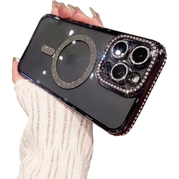 Case for iPhone 14 Pro Max Case Magnetic Glitter Full Camera Len Protector[Compatible with MagSafe] Clear Diamond Rhinestone Shockproof Cute Crystal Bling Case for 14 Pro Max 6.7''-Black