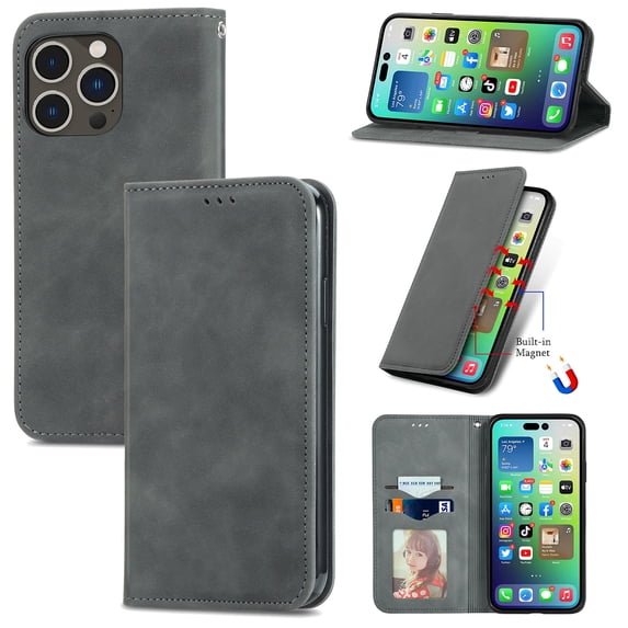 Case for iPhone 14 Pro Max, Classic Business Premium PU Leather Cover TPU Bumper with Card Holder Kickstand Magnetic Adsorption Flip Wallet Case Cover for iPhone 14 Pro Max 6.7" 2022,Gray