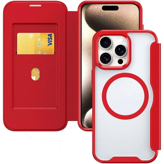 Case for iPhone 14 Pro Max,Clear Back Design Heavy Duty Drop Protection Anti Theft Flip Leather Wallet Card Holder Shockproof with Wireless Charge Phone Case for iPhone 14 Pro Max,6.7" 2022 (Red)
