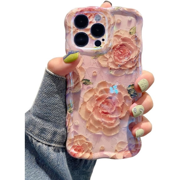 Case for iPhone 14 Pro Max, Colorful Retro Oil Painting Print Peony Flower Leaf Laser Glossy Cute Curly Waves Edge Exquisite Phone Cover Stylish Durable TPU Protective Case for Women - #4