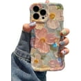 thumbnail image 1 of Case for iPhone 14 Pro Max, Colorful Retro Oil Painting Printed Flower Laser Glossy Pattern Cute Curly Wave Edge Exquisite Stylish Durable TPU Protective Phone Cover for Girls Women-Green, 1 of 9